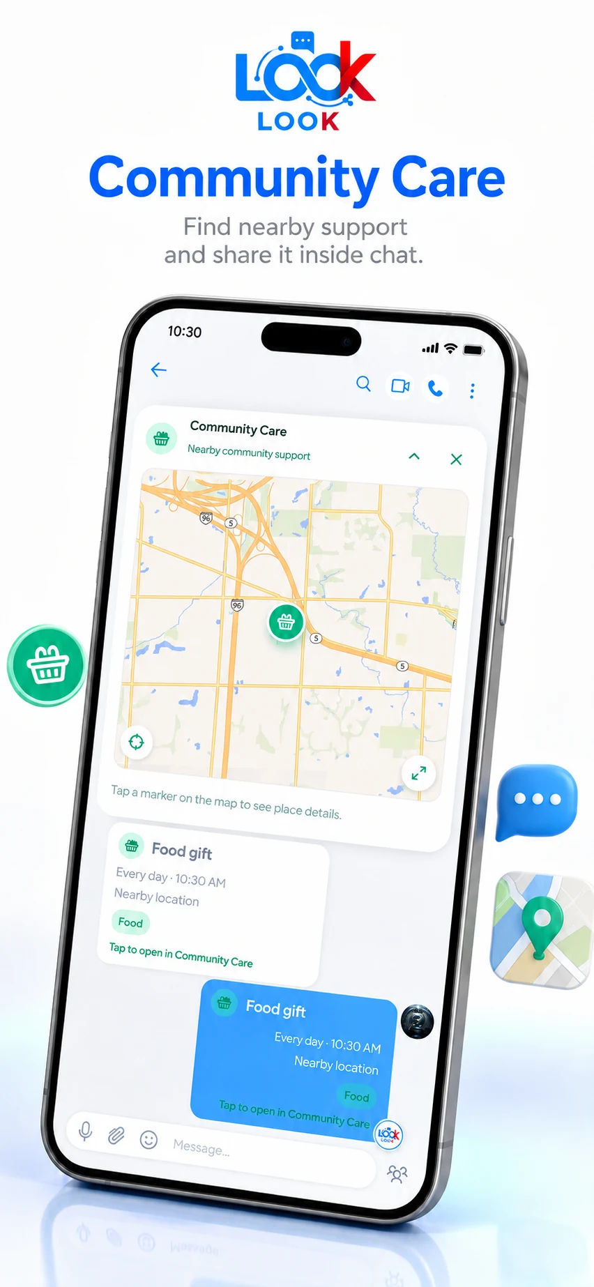 Community Care map with nearby support on a phone