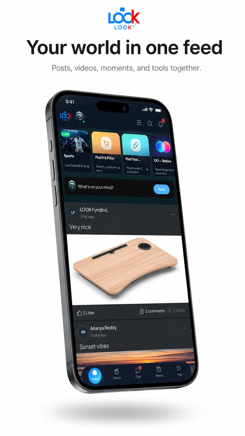 LOOK Feed, Reels, and Market shown on three phones