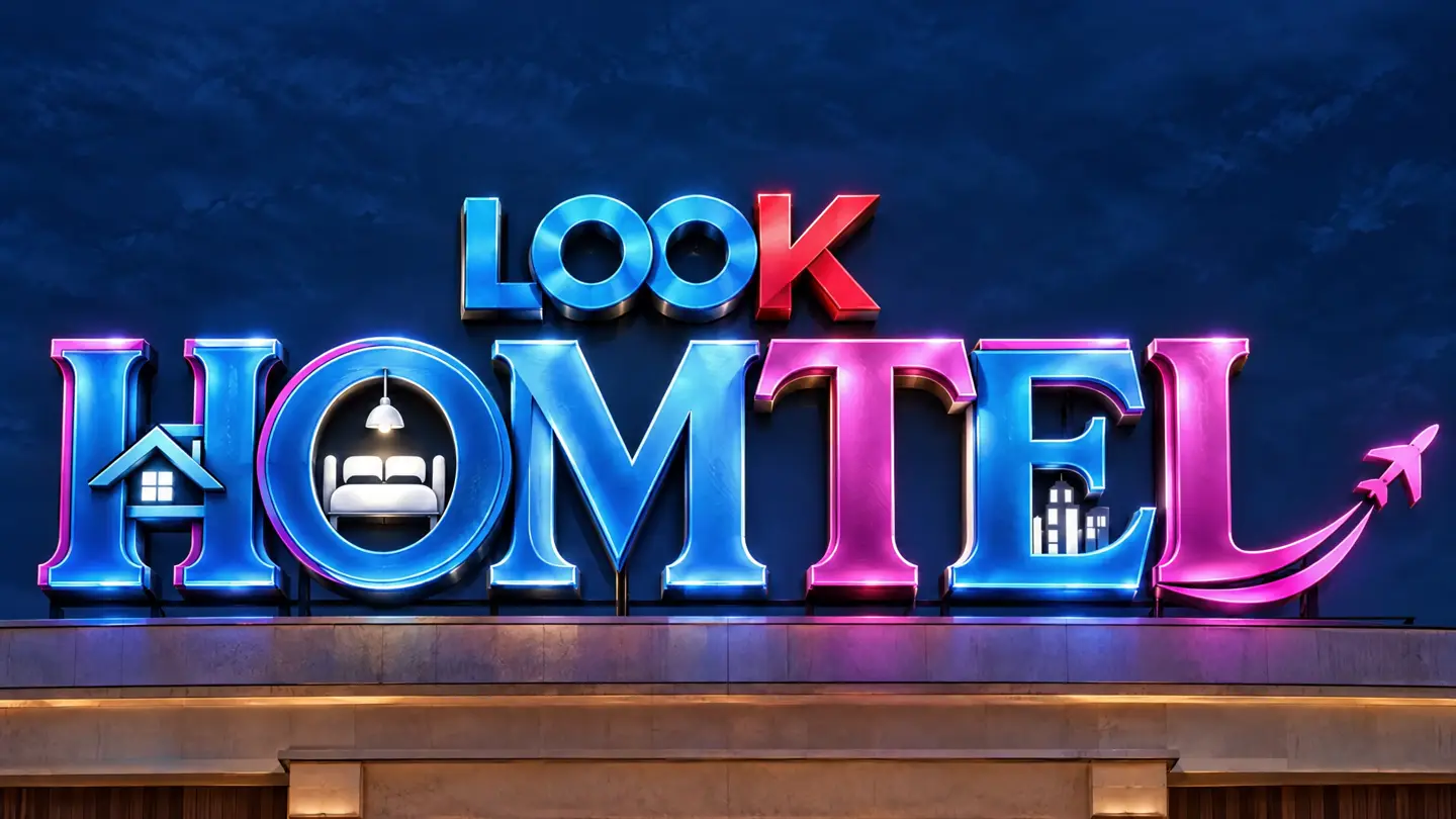 LOOK Homtel sign above a boutique hotel at night