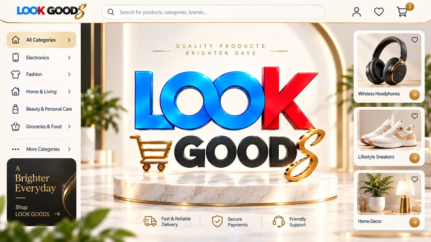 LOOK Goods — premium marketplace scene in black, white, and gold