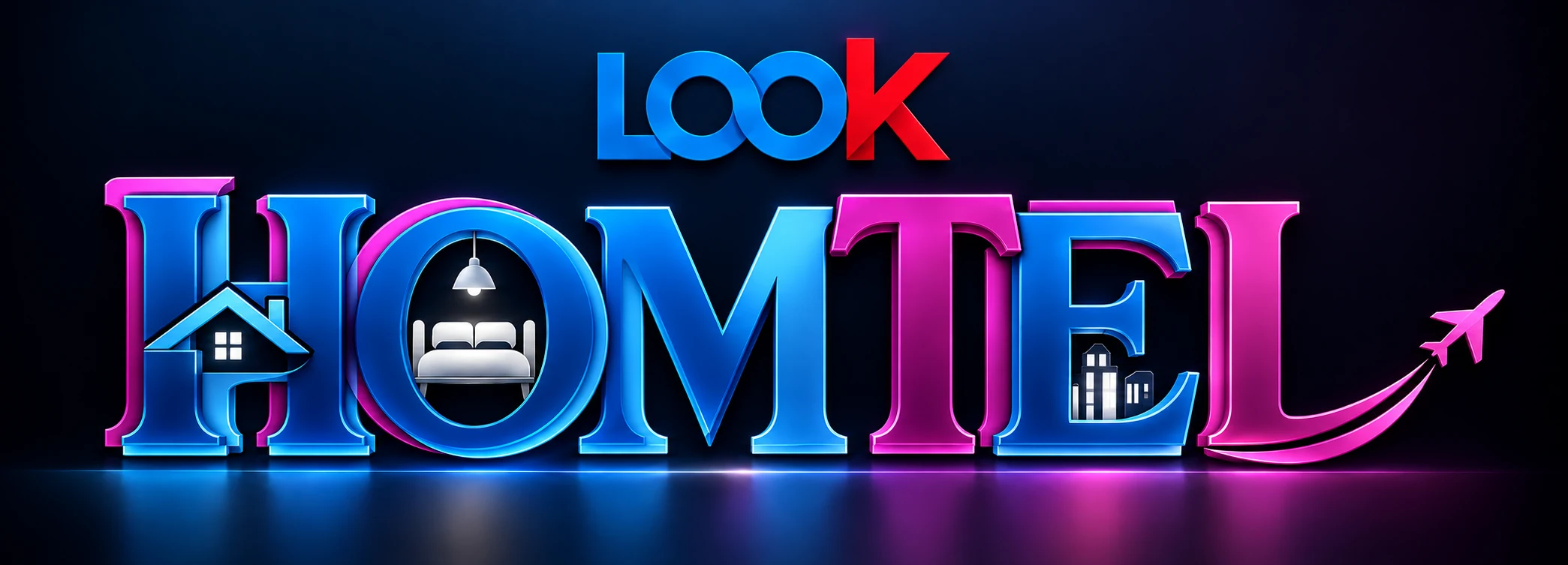 LOOK Homtel neon logo on a dark cinematic backdrop
